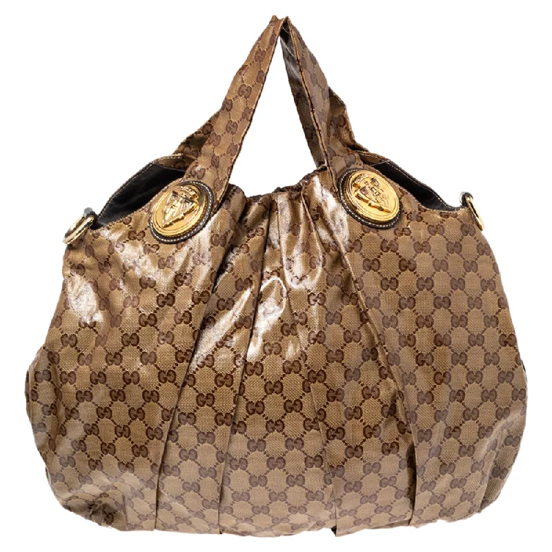 Gucci Brown/Beige GG Crystal Canvas and Leather Large Hysteria Hobo