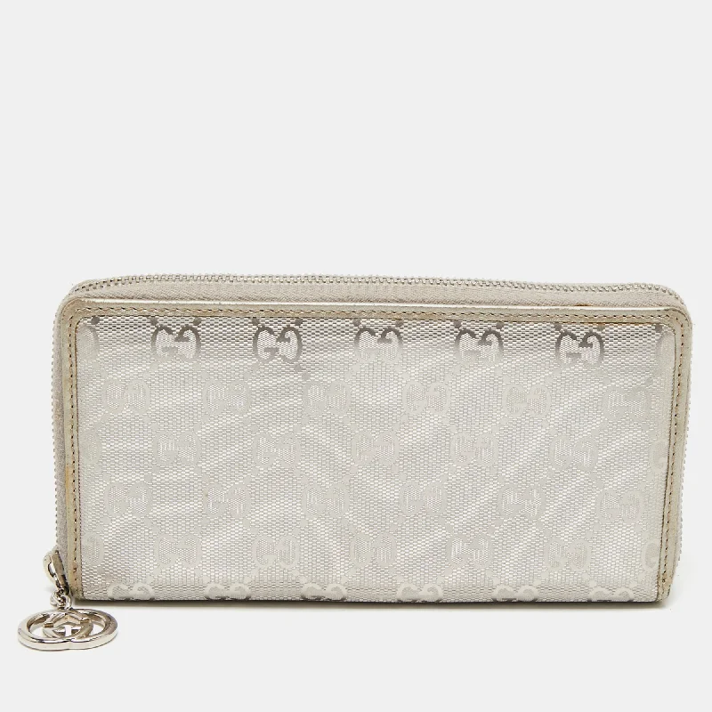 Gucci Metallic Silver GG Imprime Canvas Zip Around Wallet