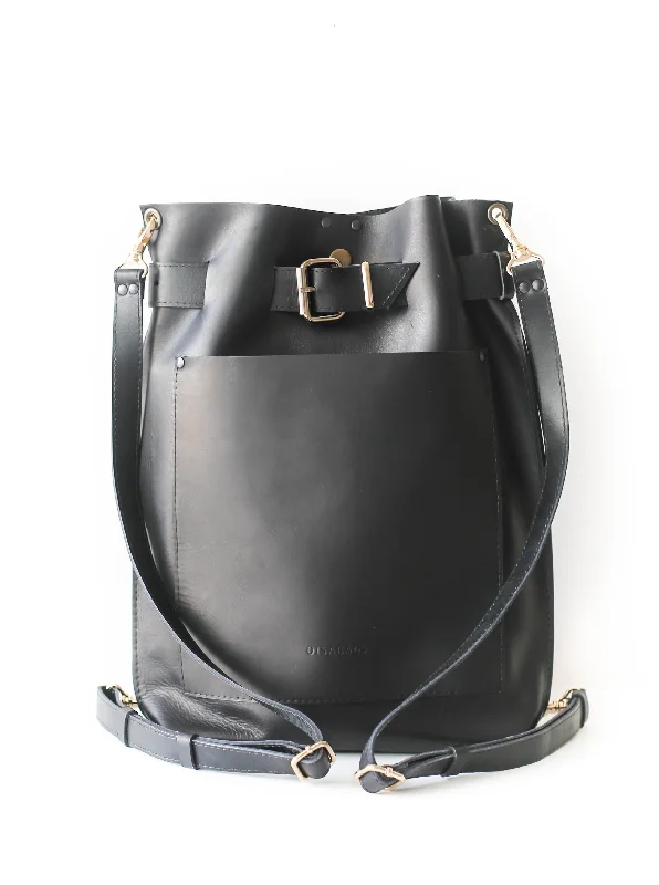 Black Medium Leather Backpack with Front Pocket