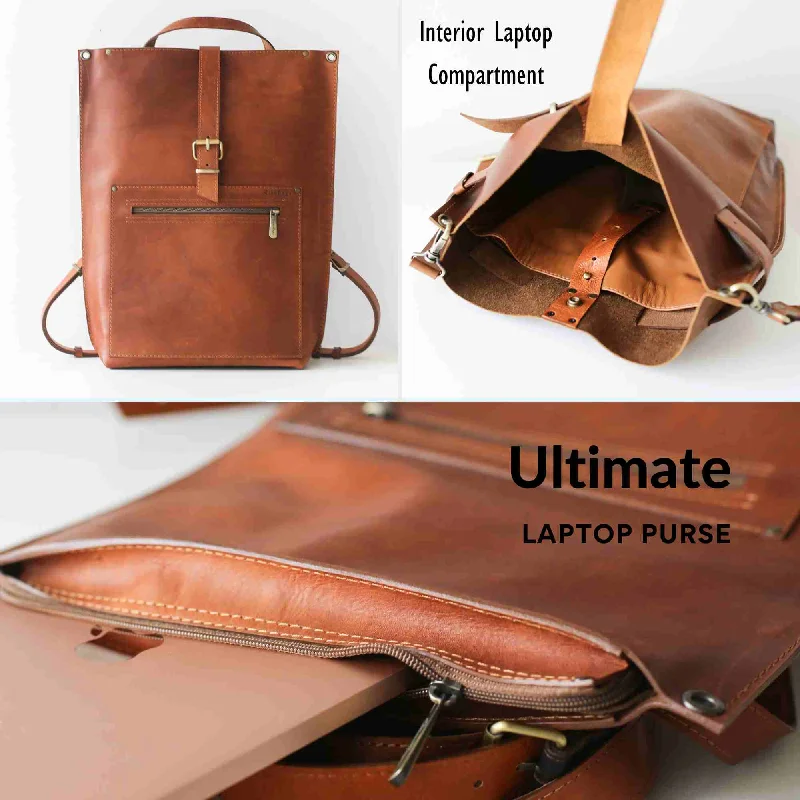 Brown Leather Laptop Backpack w/Zipper - Buckle Edition