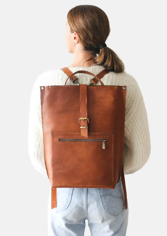 Brown Leather Laptop Backpack w/Zipper - Buckle Edition