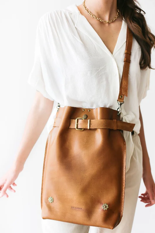 Brown Medium Leather Bag w/ Floral studs