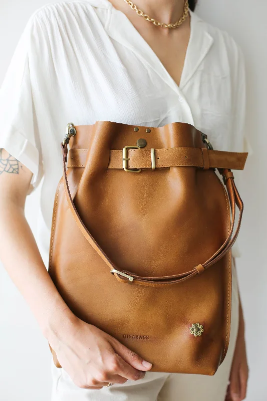 Brown Medium Leather Bag w/ Floral studs