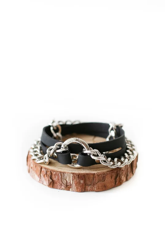 Small Ring Black Leather Bracelet w/ Silver Chain