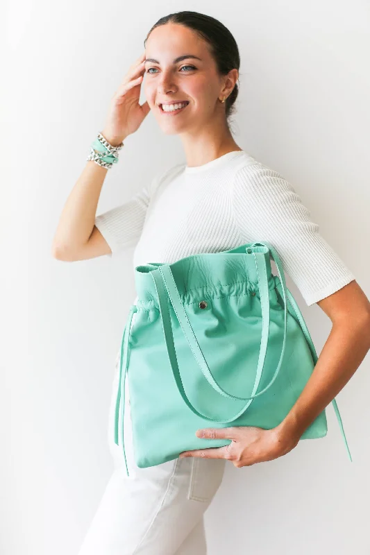 Turquoise Leather Drawstring Backpack