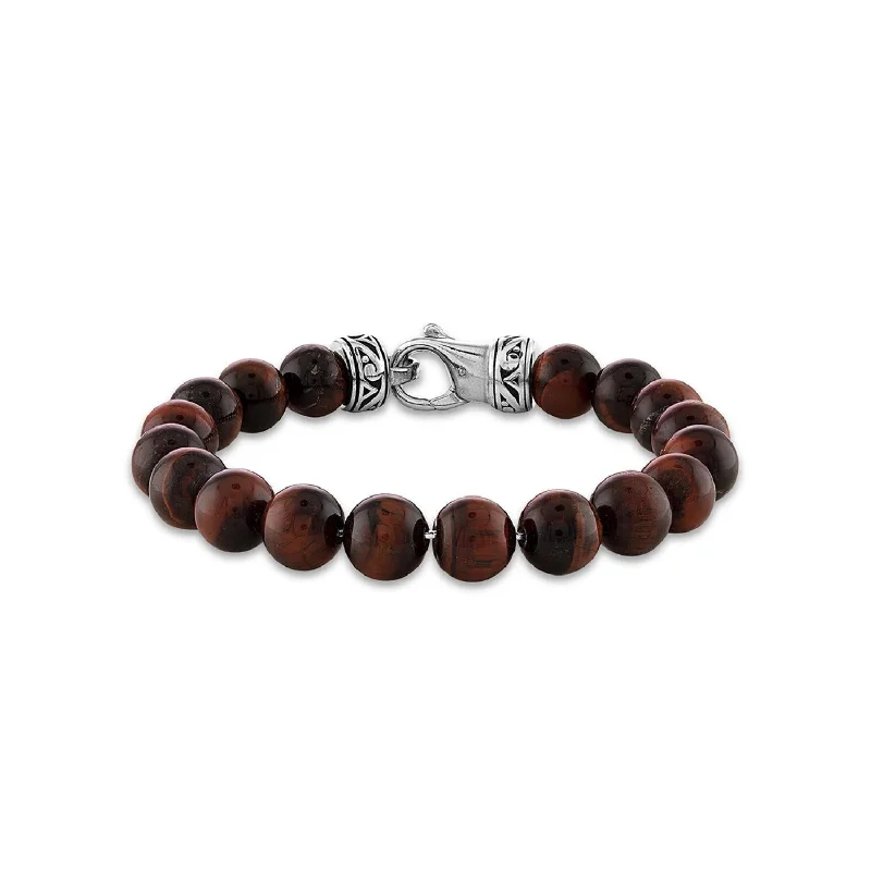 10MM Round Tiger Eye Beaded Bracelet in Stainless Steel