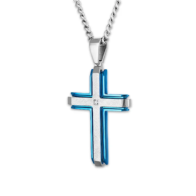 Blue Stainless Steel 1/50 CTW Diamond 60X32MM 24-inch Cross Pendant