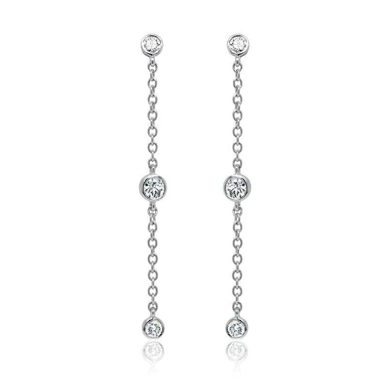 18K White Gold Bezel Set Three-Stone Drop Earrings