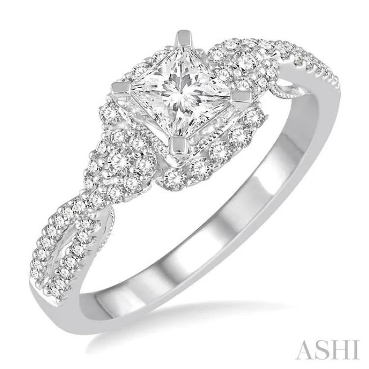 1/2 Ctw Diamond Engagement Ring with 1/4 Ct Princess Cut Center Stone in 14K White Gold