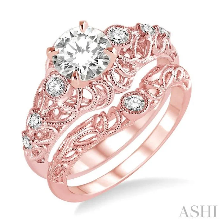 5/8 Ctw Diamond Wedding Set with 1/2 Ctw Round Cut Engagement Ring and 1/20 Ctw Wedding Band in 14K Rose Gold