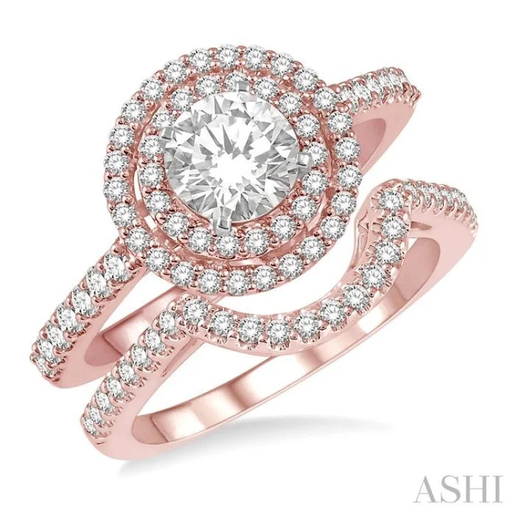 1 1/5 Ctw Diamond Wedding Set in 14K With 1 Ctw Round Shape Engagement Ring in Rose and White Gold and 1/5 Ctw U-Shape Wedding Band in Rose Gold