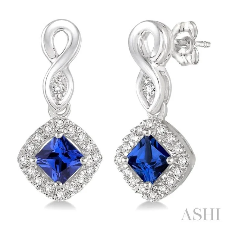 4x4 MM Cushion Shape Sapphire and 1/5 Ctw Round Cut Diamond Earrings in 14K White Gold