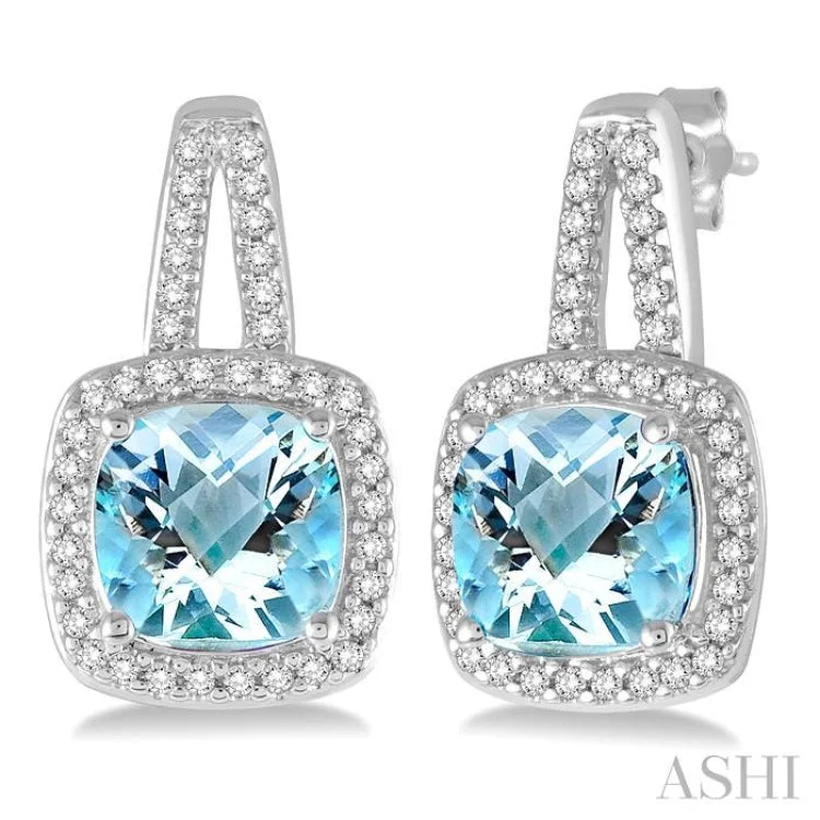 7x7 MM Cushion Shape Aquamarine and 1/4 Ctw Round Cut Diamond Earrings in 10K White Gold