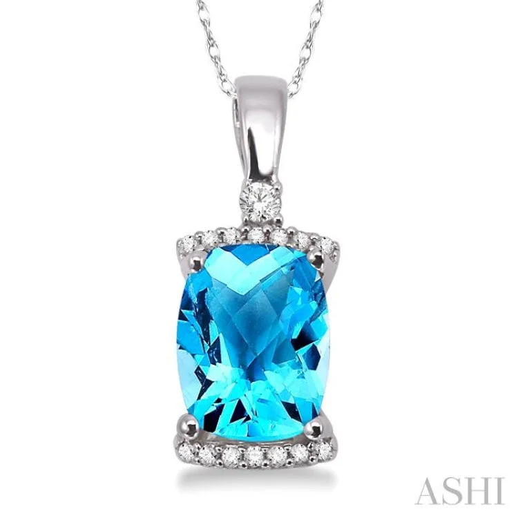 9x7 MM Cushion Shape Blue Topaz and 1/10 Ctw Round Cut Diamond Pendant in 14K White Gold with Chain