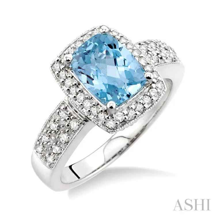 8x6mm Cushion Cut Aquamarine and 1/3 Ctw Round Cut Diamond Ring in 14K White Gold