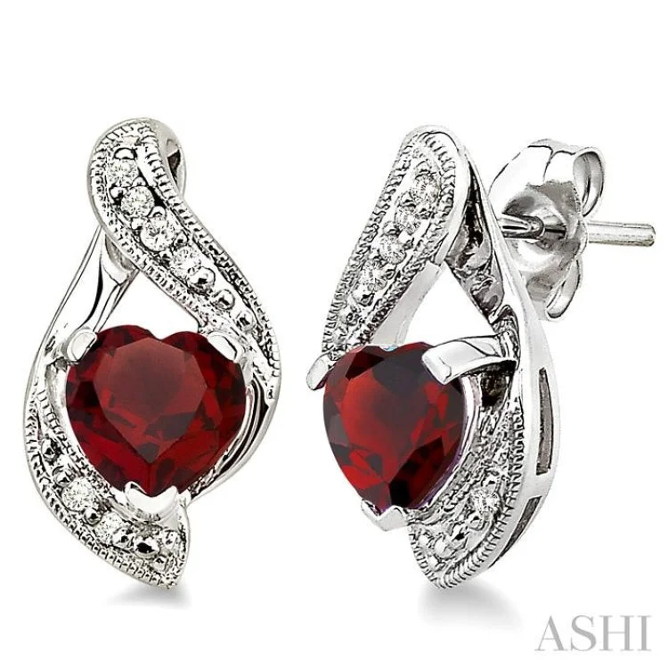 6x6mm Heart Shape Garnet and 1/20 Ctw Single Cut Diamond Earrings in 14K White Gold