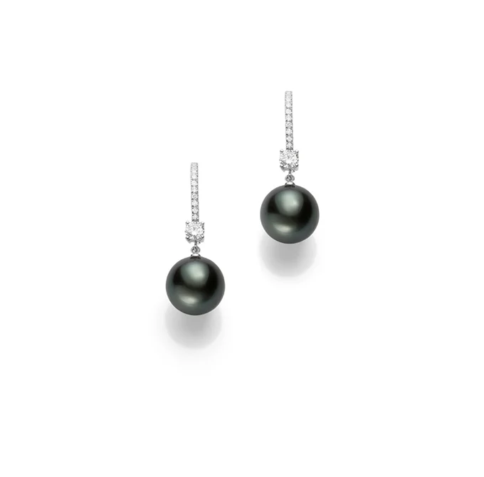 Mikimoto Classic White Gold Black South Sea Pearl and Diamond Drop Earrings