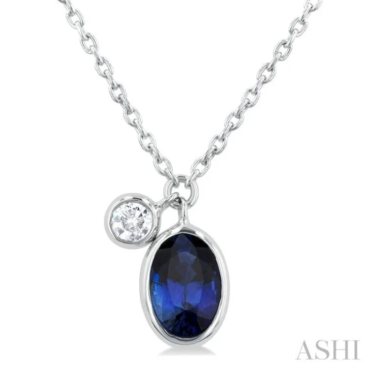 1/20 ctw Oval Cut 6X4MM sapphire and Bezel Set Round Cut Diamond Precious Necklace in 14K White Gold