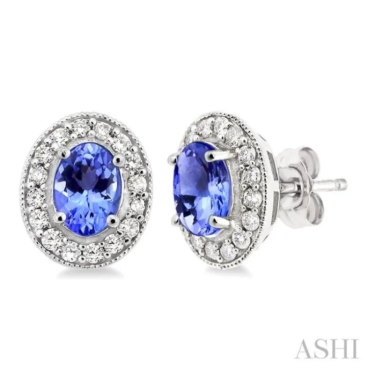 7x5 MM Oval Cut Tanzanite and 3/8 Ctw Round Cut Diamond Earrings in 14K White Gold