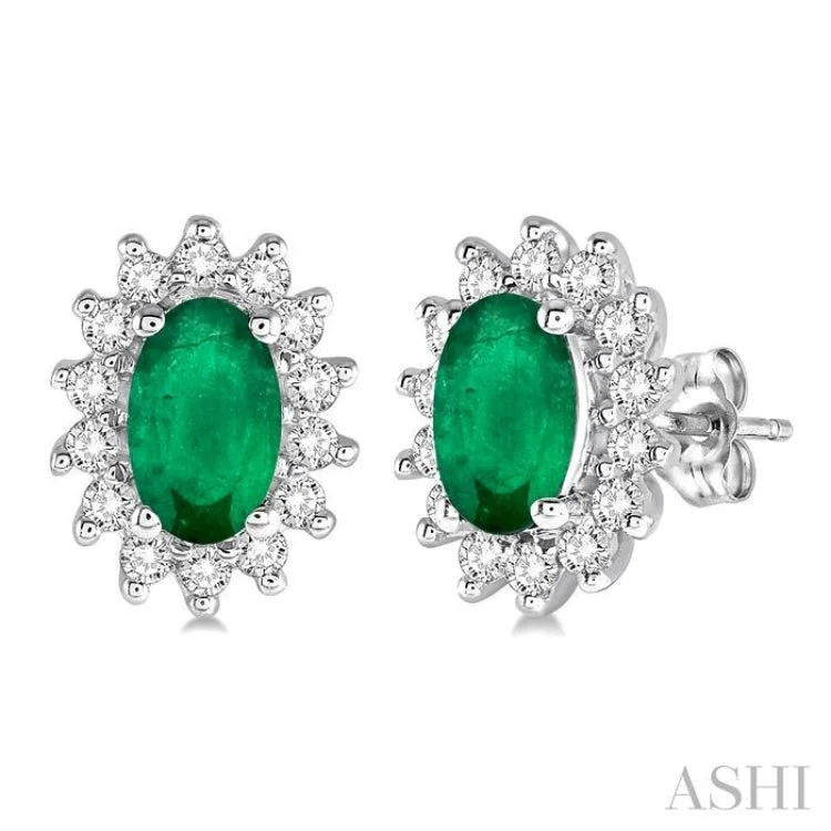 1/5 Ctw Round Cut Diamond and Oval Cut 5x3 MM Emerald Center Sunflower Precious Earrings in 10K White Gold