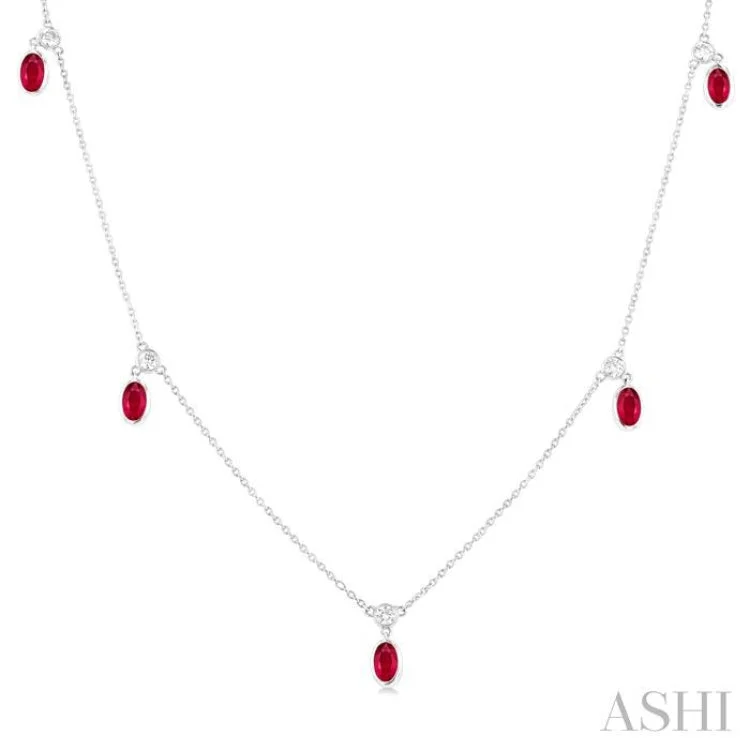 1/4 ctw Round Cut Diamonds and 5X3MM Oval Shape Ruby Precious Station Necklace in 14K White Gold