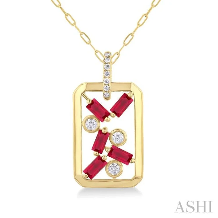 4X2MM Scatter Baguette Cut Ruby and 1/6 ctw Round Cut Diamond Precious Fashion Pendant With Chain in 14K Yellow Gold