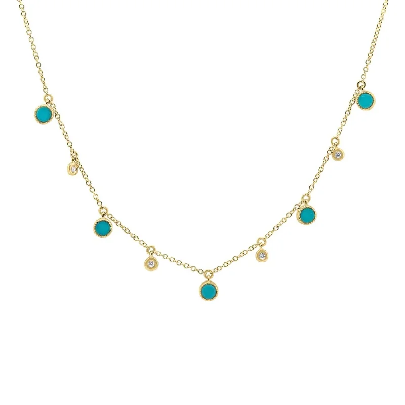 Shy Creation Yellow Gold Turquoise and Diamond Stationed Necklace