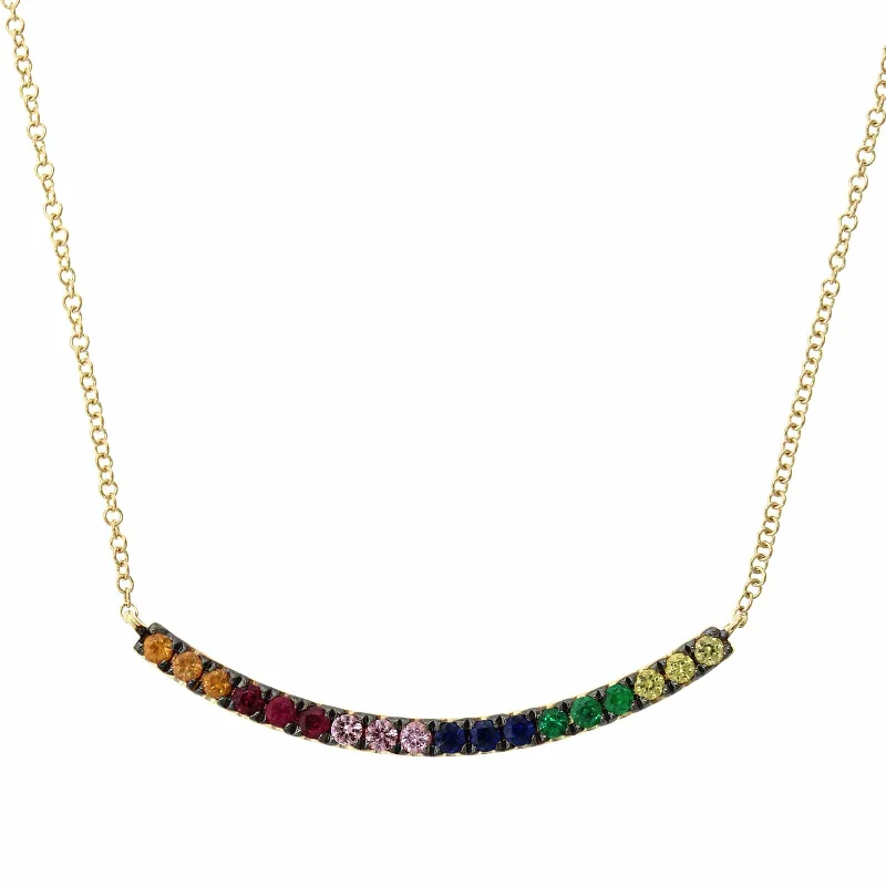 14K Yellow Gold Curve Bar Rainbow Sapphire Necklace