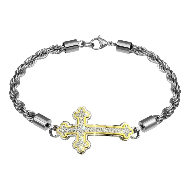 Two-Tone Stainless Steel and Cubic Zirconia 8.75-inch Cross Bracelet