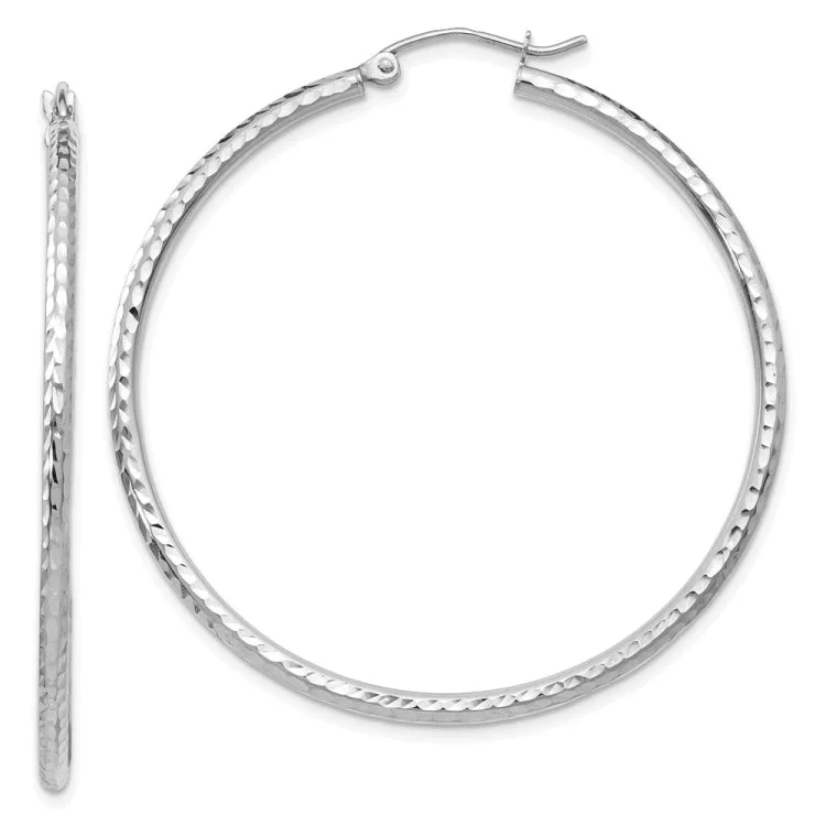 14k White Gold Diamond-cut 2mm Round Tube Hoop Earrings