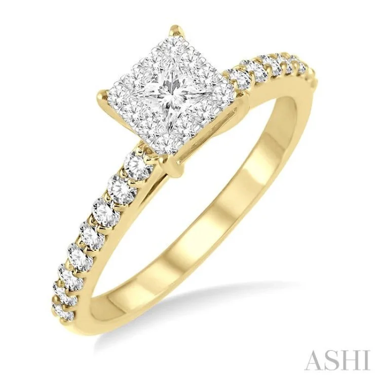 1/2 Ctw Round and Princess Cut Diamond Lovebright Engagement Ring in 14K Yellow and White Gold