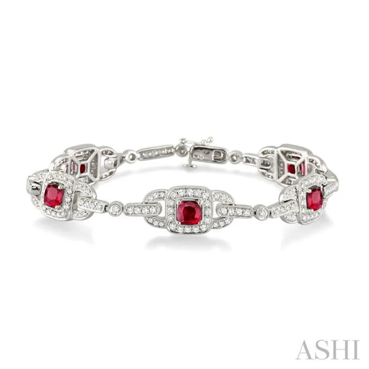 5x5mm Cushion Cut Ruby and 2 Ctw Round Cut Diamond Bracelet in 14K White Gold