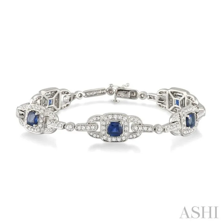 5x5mm Cushion Cut Sapphire and 2 Ctw Round Cut Diamond Bracelet in 14K White Gold