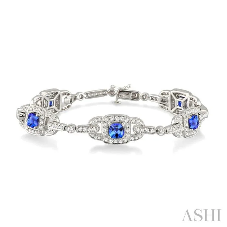 5x5mm Cushion Cut Tanzanite and 2 Ctw Round Cut Diamond Bracelet in 14K White Gold