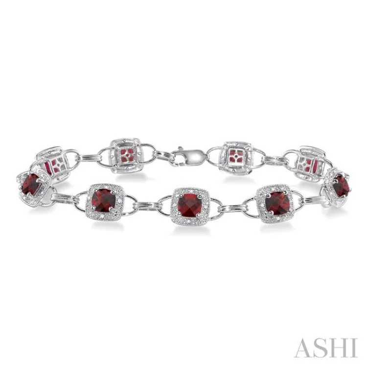 5x5MM Cushion Cut Garnet and 1/6 Ctw Single Cut Diamond Bracelet in 10K White Gold