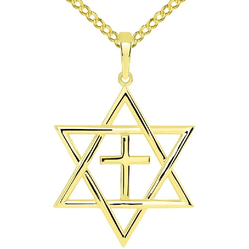 14k Yellow Gold Jewish Star of David with Religious Cross Judeo Christian Pendant - Available with Rolo, Curb, or Figaro Chain Necklaces