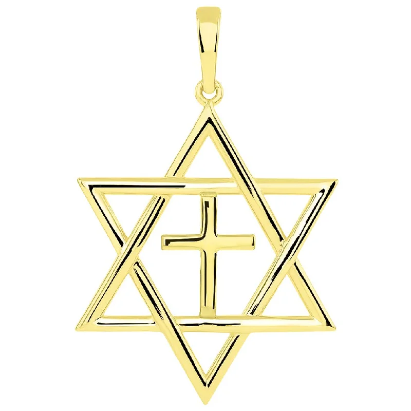 14k Yellow Gold Jewish Star of David with Religious Cross Judeo Christian Pendant - Available with Rolo, Curb, or Figaro Chain Necklaces