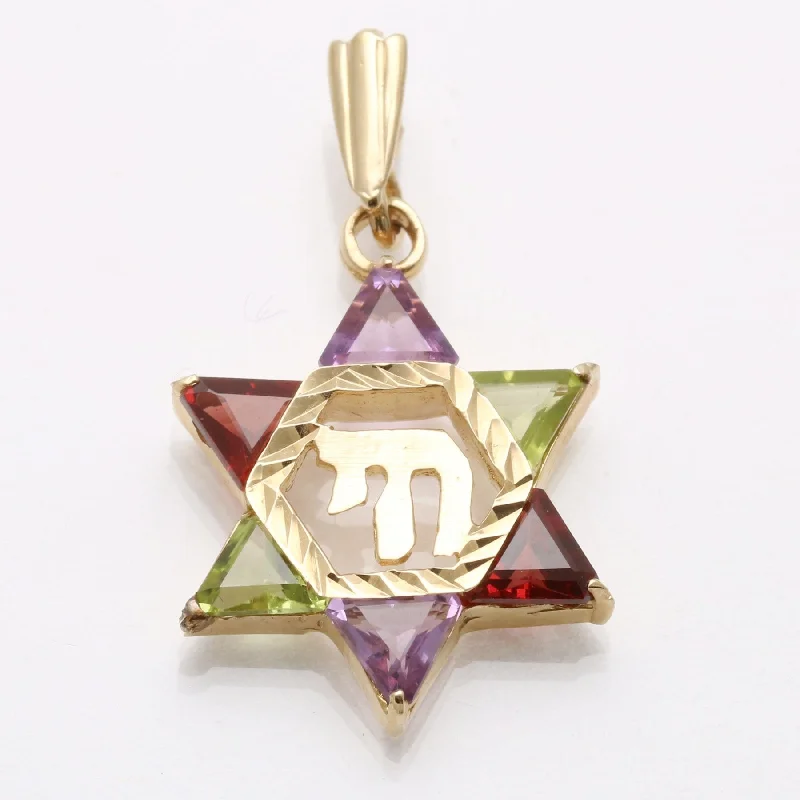 14k Yellow Gold Peridot Amethyst Garnet Jewish Star of David Chai Pendant