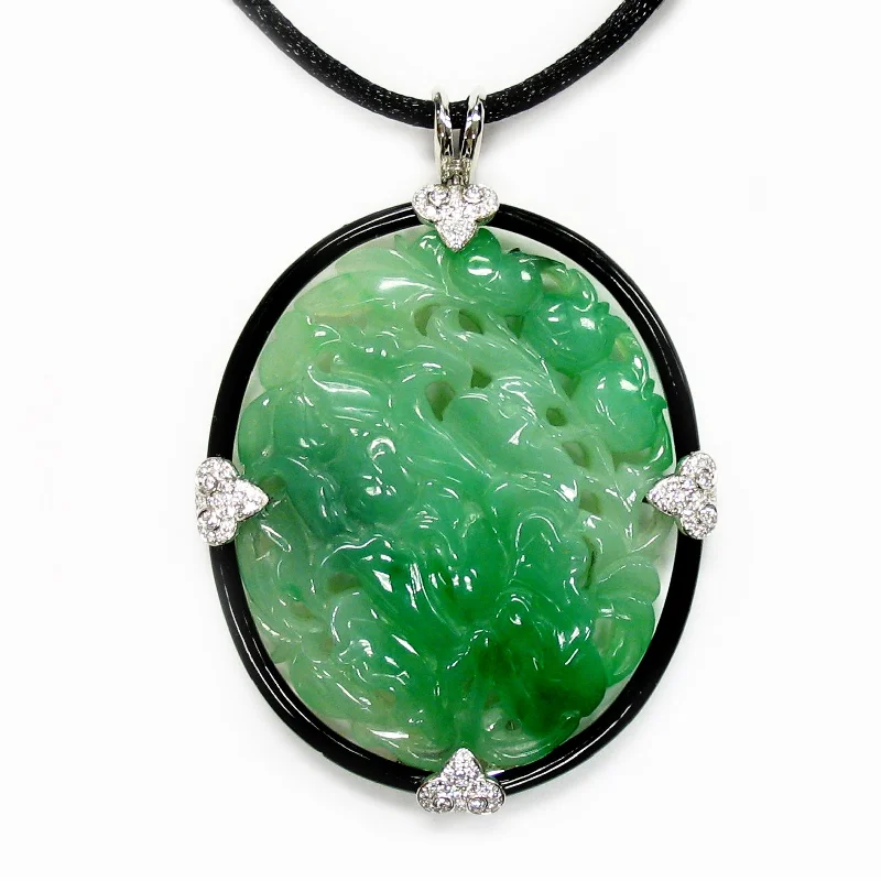 1970s 18KT White Gold Jade, Diamond & Onyx Pendant