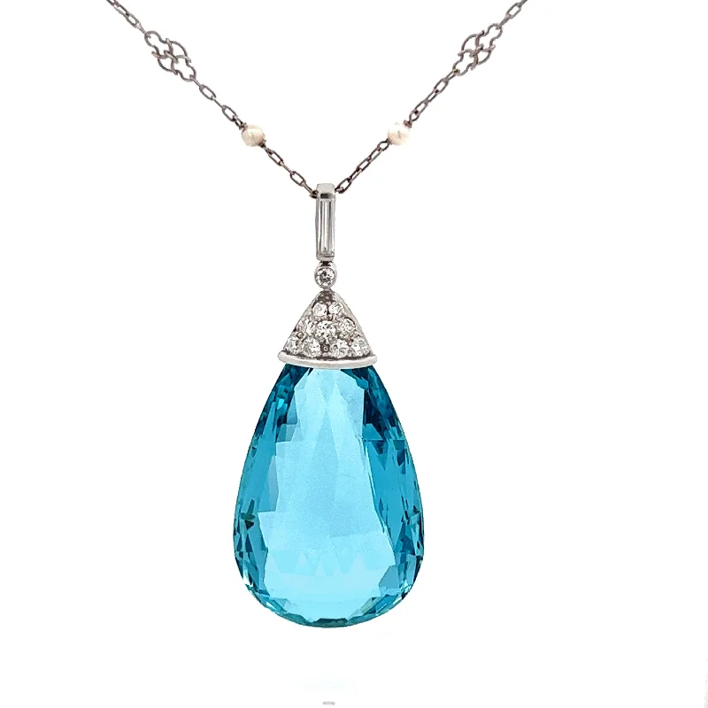 French Edwardian Platinum Aquamarine & Diamond Pendant