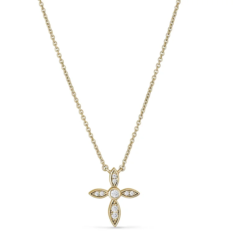 Gold Finish Sterling Silver Micropave Marquis Cross Pendant with Simulated Diamonds on 16