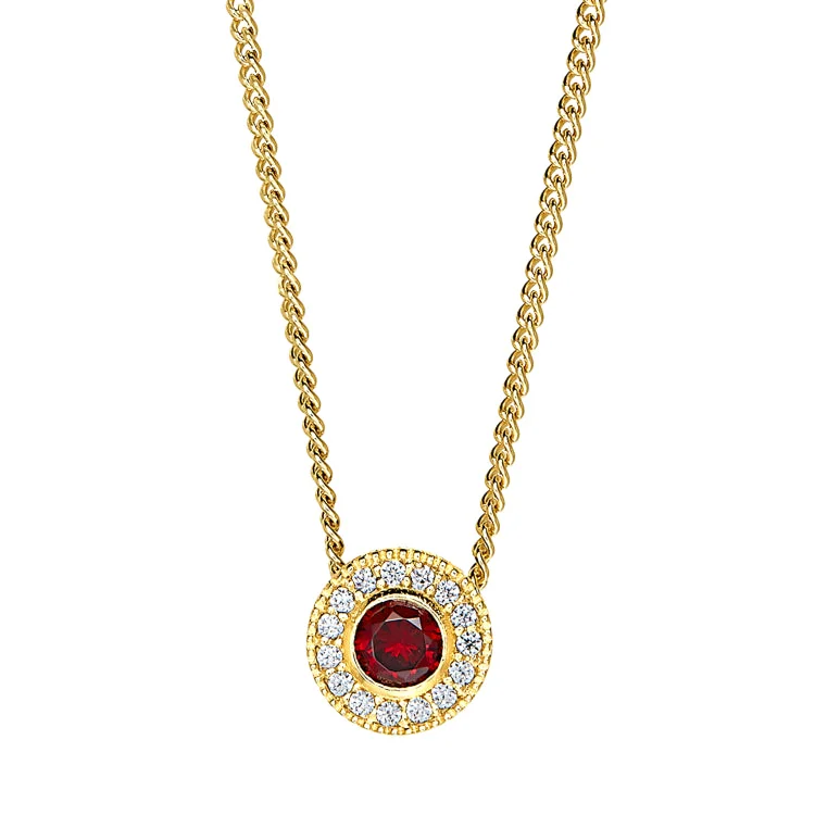 Gold Micropave Round Simulated Garnet Birth Gem Pendant with Simulated Diamonds on 18