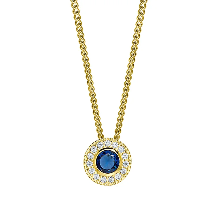 Gold Micropave Round Simulated Sapphire Birth Gem Pendant with Simulated Diamonds on 18