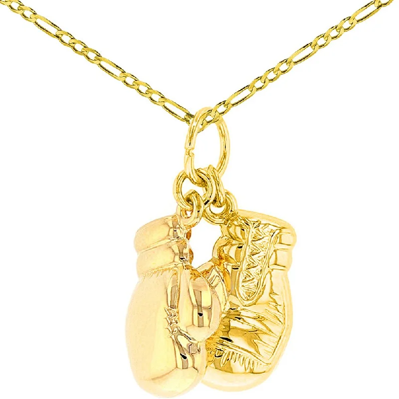 High Polish 14k Gold 3D Boxing Gloves Charm Sports Pendant Figaro Chain Necklace - Yellow Gold