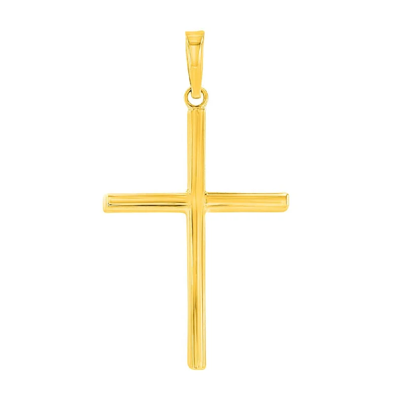 High Polished 14K Gold Plain Slender 3D Cross Pendant with Chain Necklace - Yellow Gold