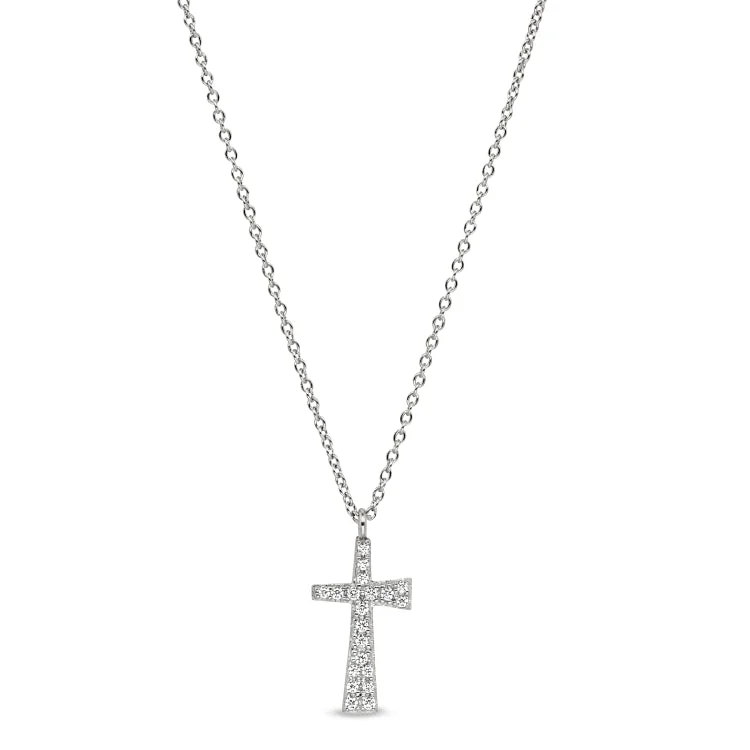 Platinum Finish Sterling Silver Micropave Tapered Cross Pendant with Simulated Diamonds on 16