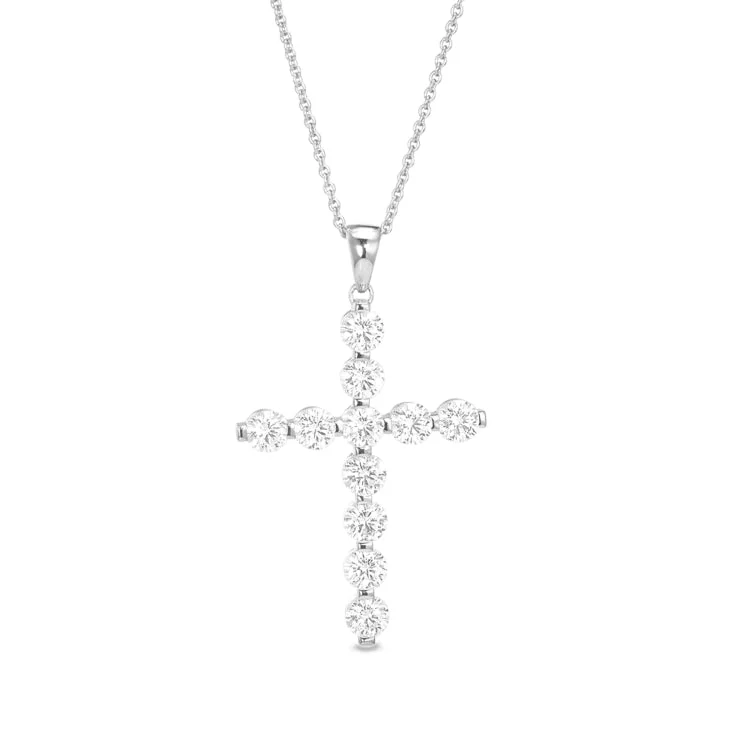 Platinum Finish Sterling Silver Fancy Beaded Bezel Set Cross Pendant with Simmulated Diamonds on 16