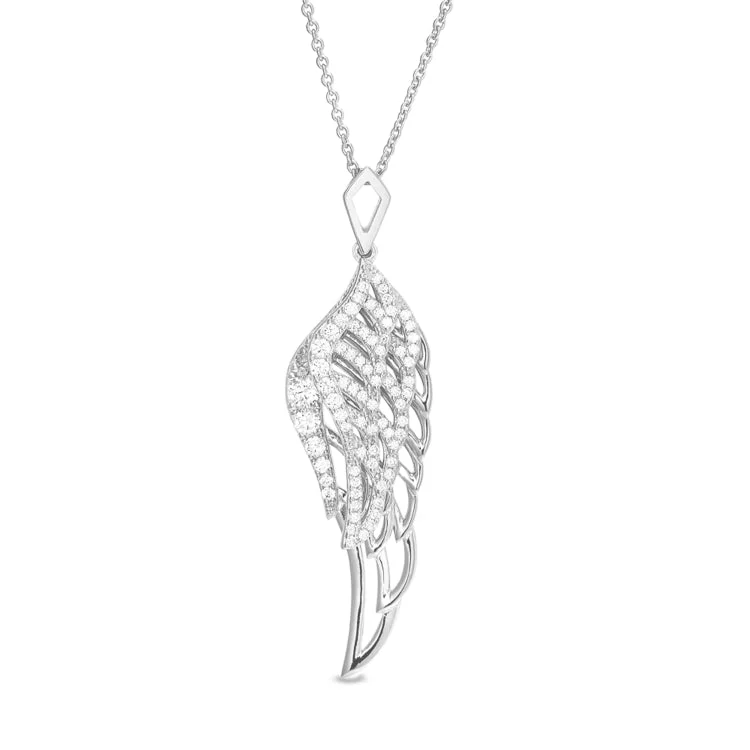 Platinum Finish Sterling Silver Micropave Angel Wing Pendant with Simmulated Diamonds on 16