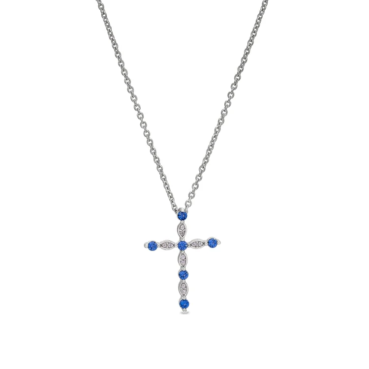 Platinum Finish Sterling Silver Simmulated Sapphire Cross Pendant with Simmulated Diamonds on 16