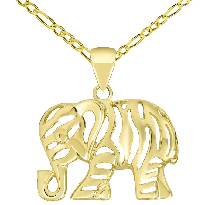 Polished 14K Gold Elegant Elephant Charm Animal Pendant with Figaro Chain Necklace - Yellow Gold